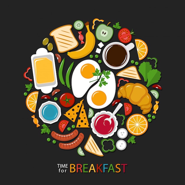 Vector breakfast food collection on dark