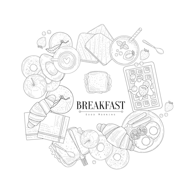 テキスト手描きの現実的なスケッチをフレーミング朝食食品