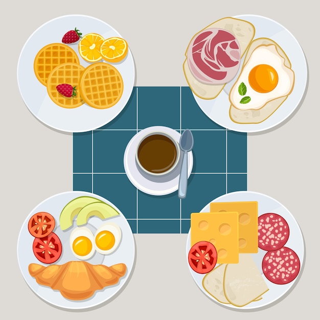 Vector breakfast food. healthy everyday products menu croissant pancakes eggs sandwich milk juice vector cartoon style. illustration healthy sandwich, bacon and dessert