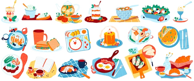 Breakfast food  illustration set, cartoon  collection with healthy sandwich or salad, tasty meal bacon egg, cafe or home food menu