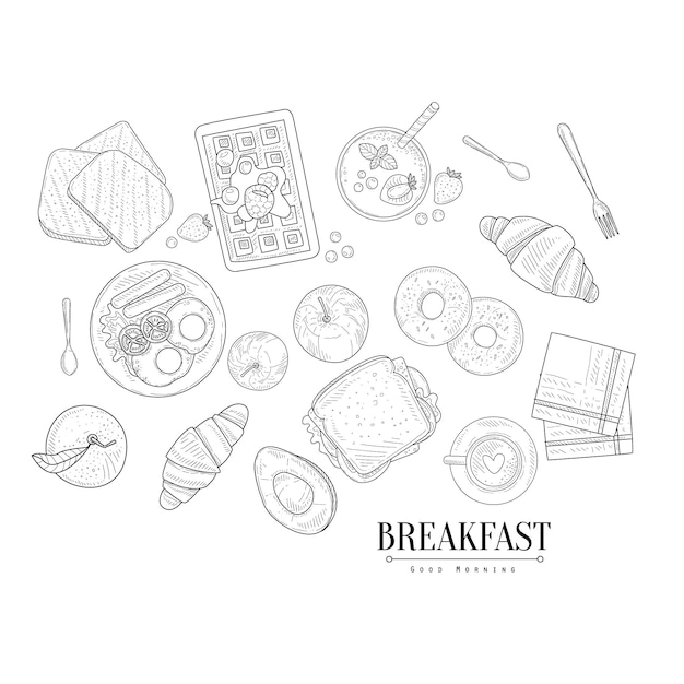 Set di disegni isolati di cibo per la colazione schizzo realistico disegnato a mano