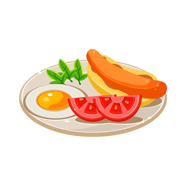 Vector breakfast food set with a hotdog, fried egg and tomato. cute vextor illustration