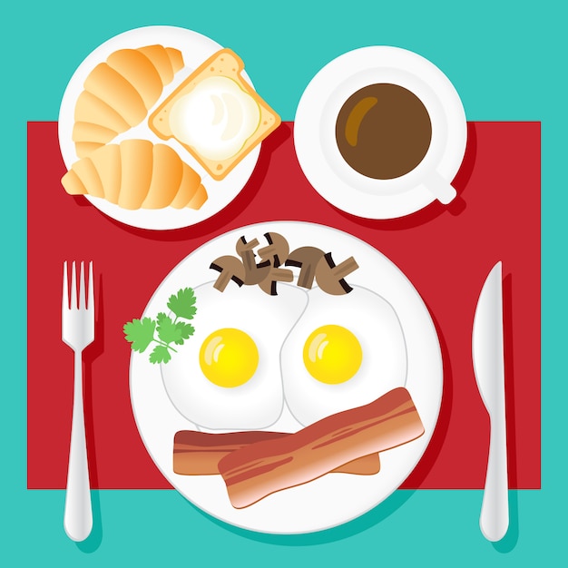 Vector breakfast. fried eggs, bacon, mushrooms, parsley, coffee, croissants, bread and butter on white plates