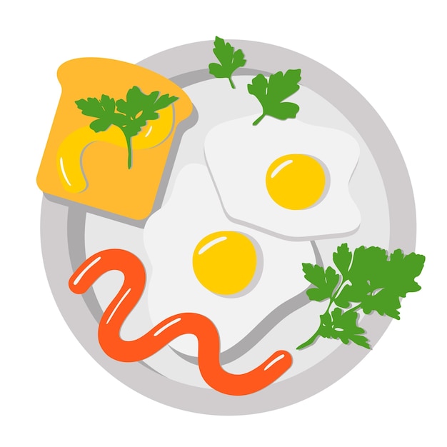 Vector breakfast fried eggs and toast garnished with parsley