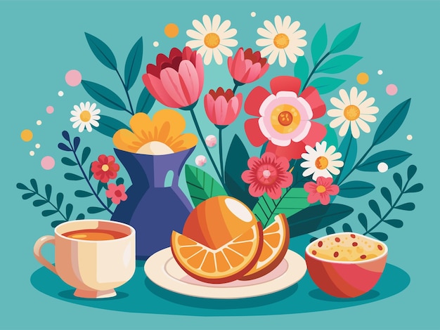 breakfast fruits and tea with colorful flowers vector gradients and modern vector elements