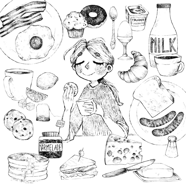 Vector breakfast. hand drawing of food and beverages. the girl has breakfast.