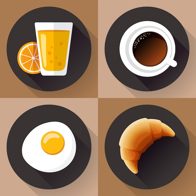 Set di icone per la colazione. bicchiere di succo, caffè, uova e cornetto. stile design piatto.