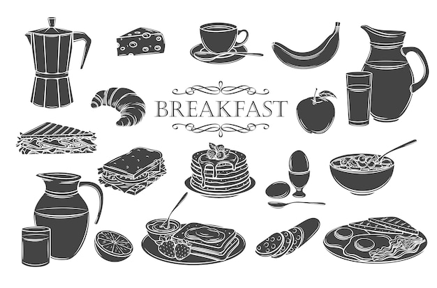 Breakfast icons glyph isolated icons set. jug of milk, coffee pot, cup, juice, sandwich and fried eggs.