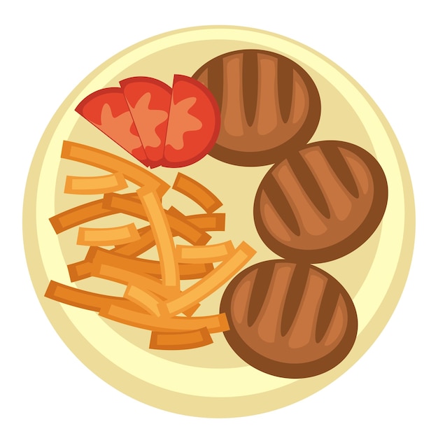 Breakfast of lunch in diner or inexpensive restaurant. isolated plate with french fries and meatballs with fresh tomato. fried salty potato sticks and grilled fillet of mutton. vector in flat style