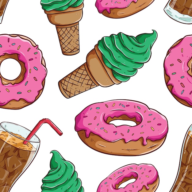 Breakfast or lunch seamless pattern with donuts