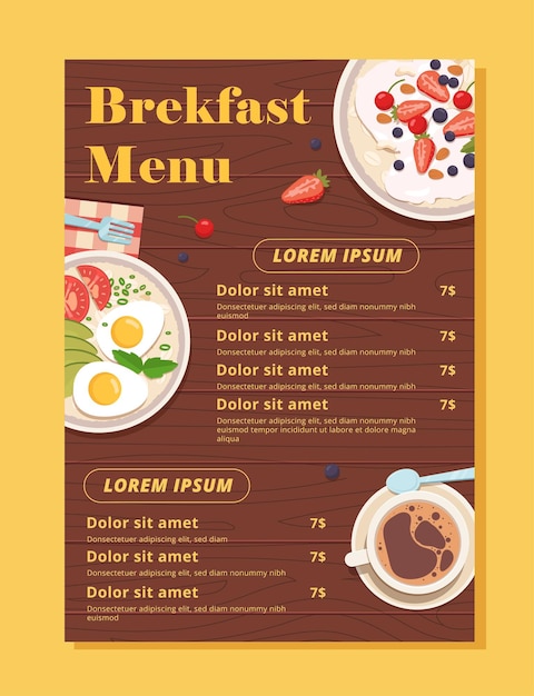 breakfast menu concept restaurant and cafe catering service dishes with fried eggs and cucumbers with tomatoes milk porridge with berries cup of coffee cartoon flat vector illustration