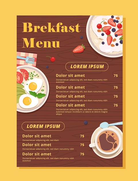 Vector breakfast menu concept restaurant and cafe catering service dishes with fried eggs and cucumbers with tomatoes milk porridge with berries cup of coffee cartoon flat vector illustration