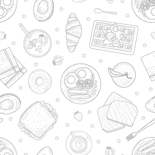 Breakfast Menu Hand Drawn Seamless Pattern with Morning Food Dishes Can Be Used Fabric Wrapping Paper Website Wallpapers Background Vector Illustration