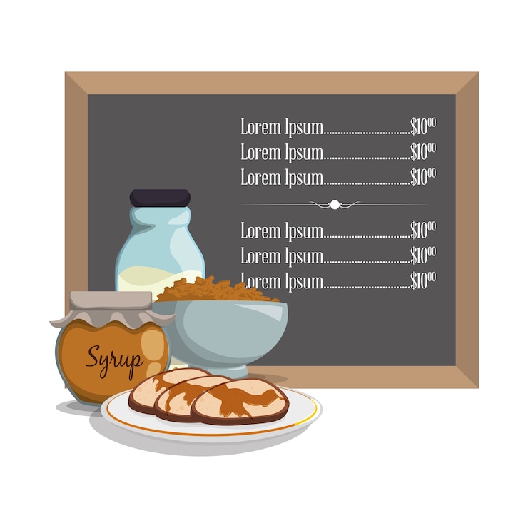 Vector breakfast menu syrup pancake milk cereal