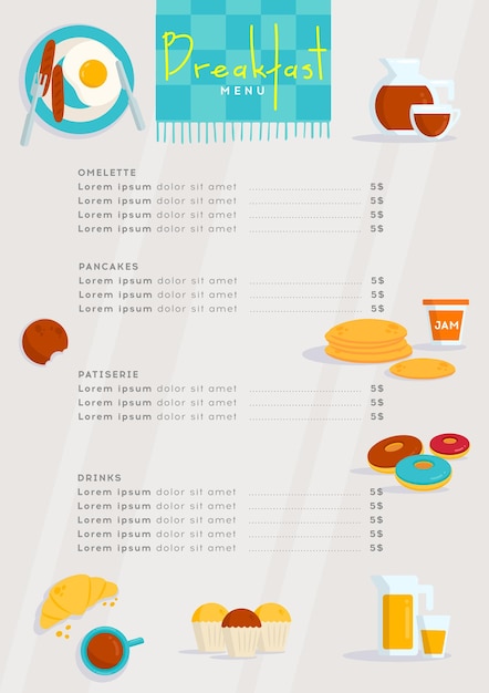 Breakfast Menu template with eggs sausage coffee donuts croissant pancake cookie cakes