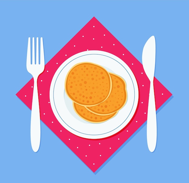 皿にパンケーキを朝食し、ナプキンにフォークとナイフを載せます。フラットスタイルEPS10のベクトル図