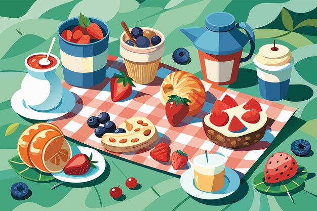 A breakfast picnic spread atop a gingham blanket featuring fresh fruit yogurt parfaits and artisanal pastries