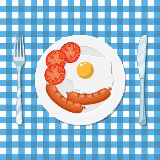 Breakfast, plate with fried egg and sausage