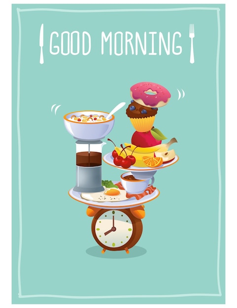 Vettore poster per la colazione buongiorno con uova, caffè, frutta e cupcake illustrazione vettoriale