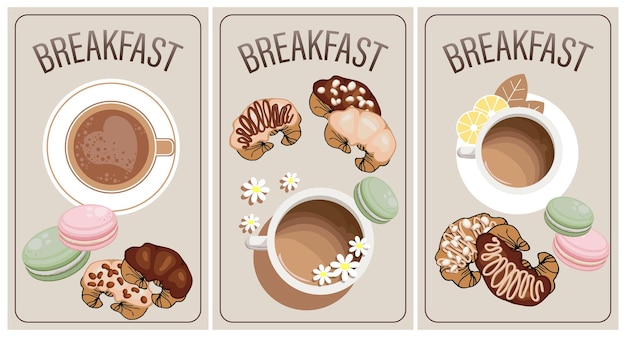 Vector breakfast poster set coffee cups croissants and french macarons menu posters cafe and restaurant