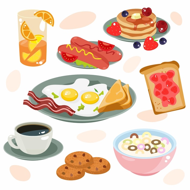 Breakfast Set Eggs Bacon Toast Jam Sausages Juice Cereal Pancakes Berries Cookies Coffee