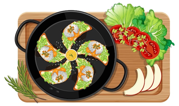 Vector breakfast set in the pan with cutting board