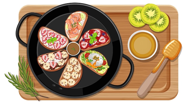 Breakfast set in the pan with cutting board