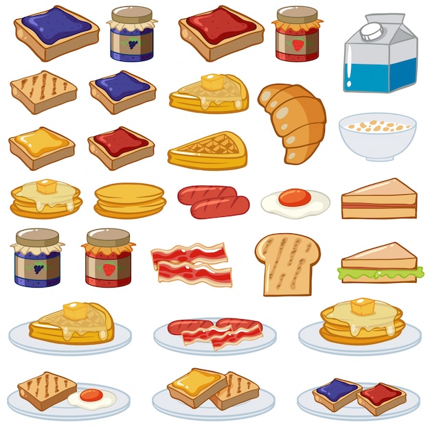 Breakfast set with different kinds of food illustration