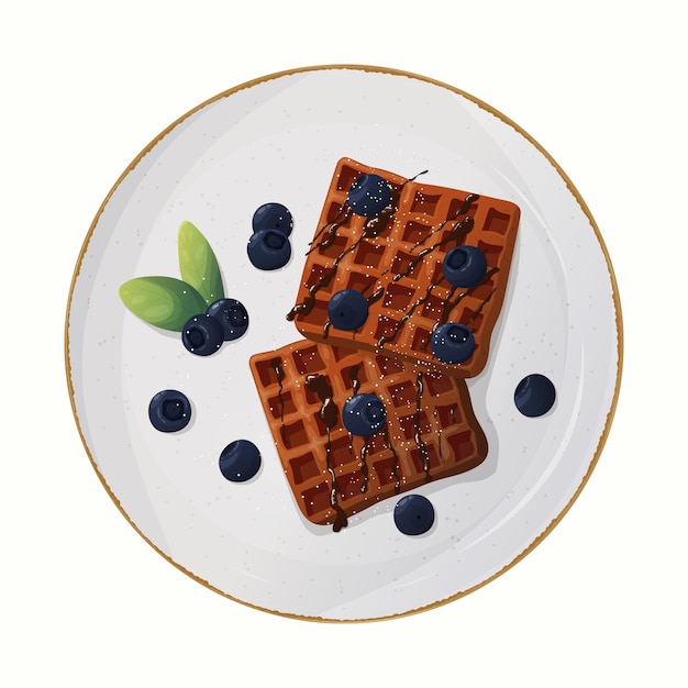 아침 식사 달한 음식 접시 위의 와플 터 일러스트레이션 만화 고립 맛있는 구운 벨기에 와플
