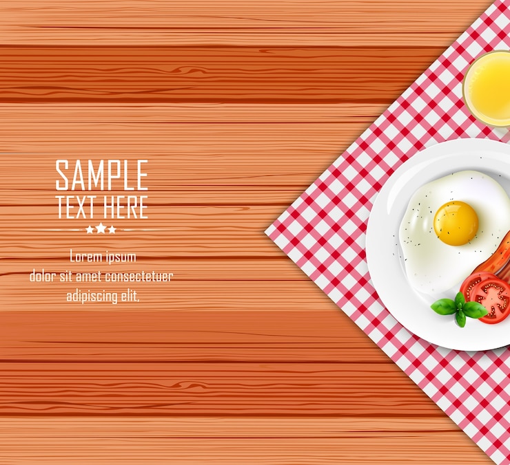 Vector breakfast table with fried egg and bacon on a white plate