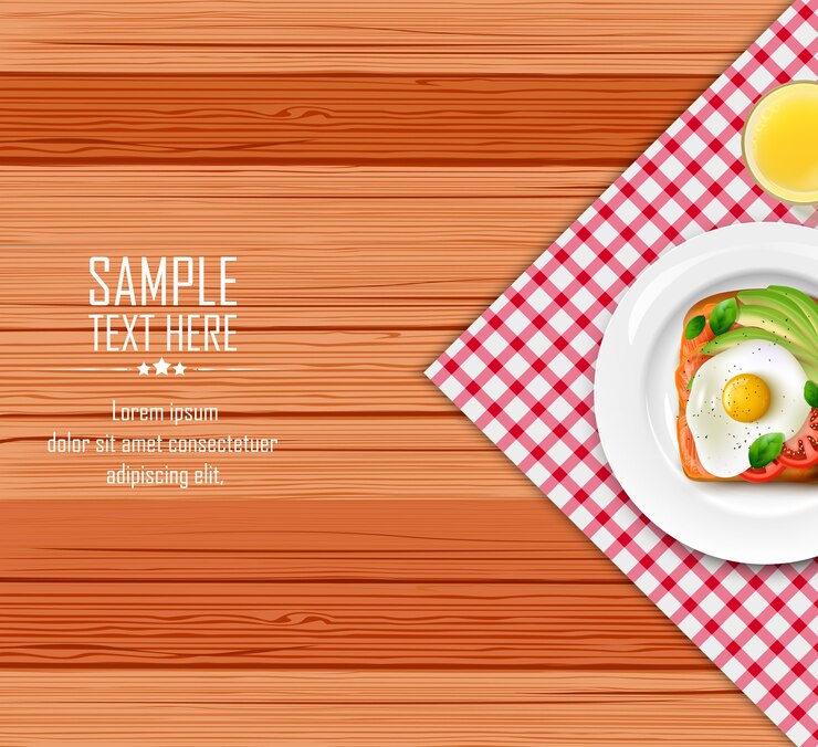Vector breakfast table with fried eggs and toast on white plate