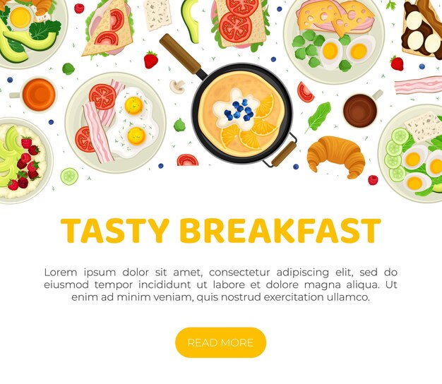 Vector breakfast tasty food banner design with served meal vector template