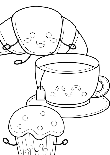 Завтрак, чай и выпечка, еда раскраски а4 для детей и взрослых