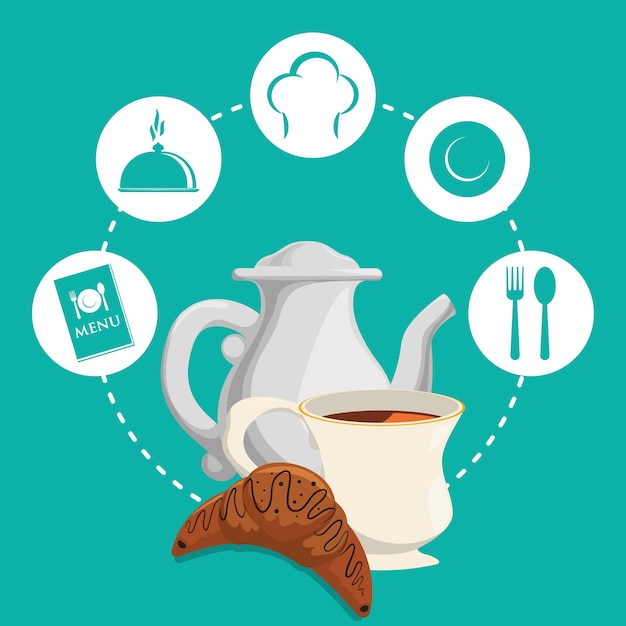 Vector breakfast tea pot bread croissant badge green background