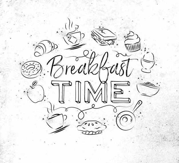 Vector breakfast time monogram with food icon drawing on dirty paper background