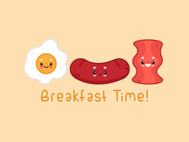 Vector breakfast time poster cute flat food vector sunny side up egg sausage bacon breakfast
