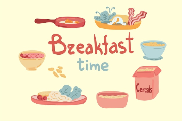 Breakfast time with oat corns and eggs hand drawn set