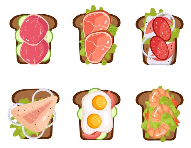 아침 토스트 샌드위치 일러스트 빵 건강한 비건 식품 간식 재료 세트