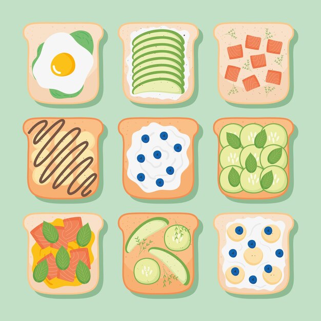 Breakfast toasts icon set