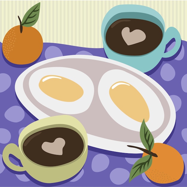 Breakfast for two. vector concept of early morning. two cups of coffee, oranges and fried eggs.