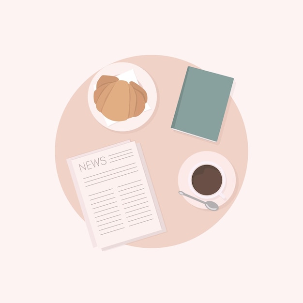 Illustrazioni vettoriali per la colazione caffè del pasto mattutino e vista dall'alto del croissant
