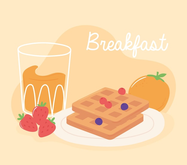 Breakfast waffle orange juice and strawberries delicious food cartoon illustration