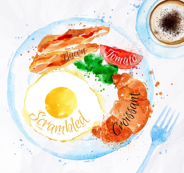 Breakfast watercolors bacon eggs