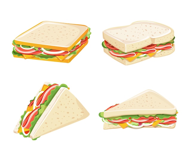 Завтрак и wiches, набор вкусных бутербродов, векторные иллюстрации