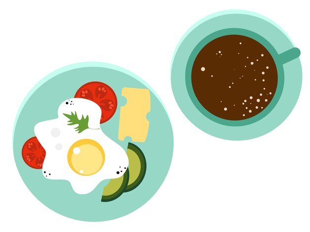 breakfast with coffee and eggs. plate with scrambled eggs, cheese, avocado, tomato.