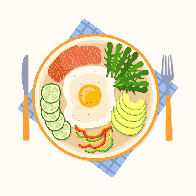 Breakfast with fried egg, cucumber, pepper, salmon and arugula, vector illustration