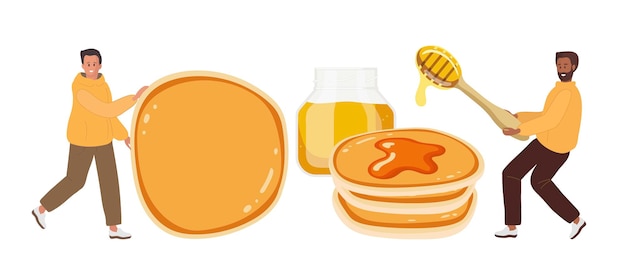 Vettore colazione con miele e frittelle piccoli uomini che innaffiano frittelle con miele