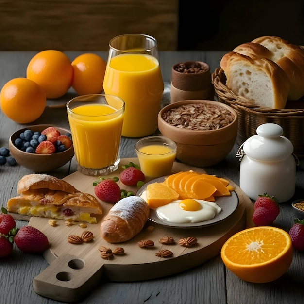 Vettore prima colazione con succhi d'arancia e croissant su una tavola di legno da cucina taglio sfondo sfocato