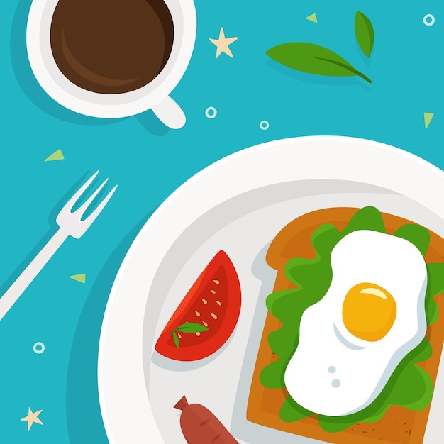 Vettore colazione con uova tostate, salsiccia, pomodoro, caffè, piastra, illustrazione vettoriale piatta