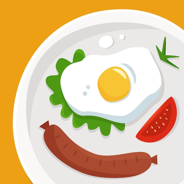 Vector breakfast with toast eggs sausage tomato coffee on plate flat vector illustation